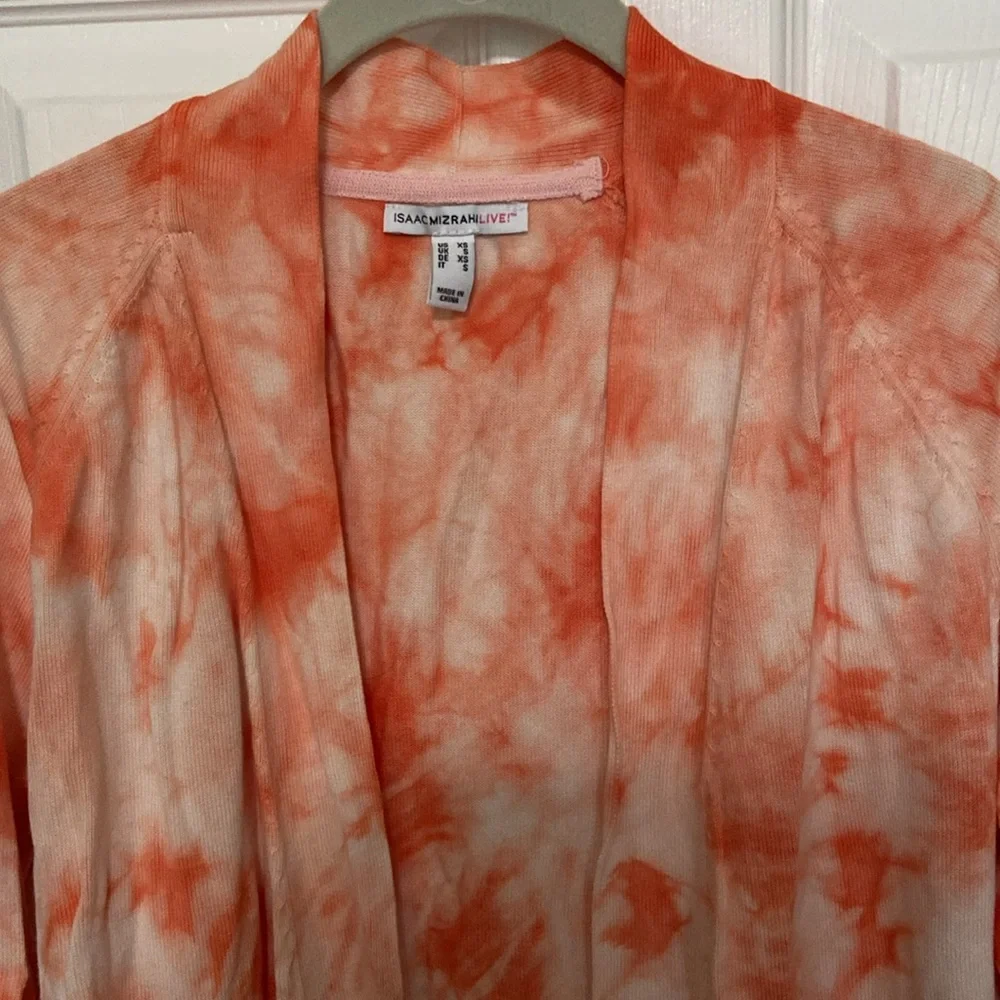 2 Isaac Mizrahi Sweaters - Coral Peplum, Coral Tie Dye Shrug Cardigan - Picture 16 of 16